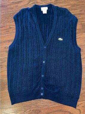 Lacoste Men’s Navy Cable-Knit Button Up Vest with Crocodile Logo Cotton